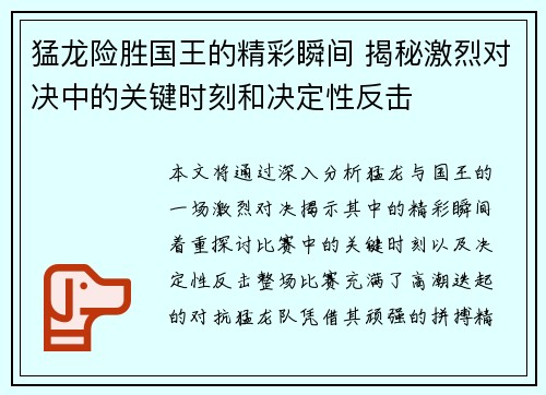 猛龙险胜国王的精彩瞬间 揭秘激烈对决中的关键时刻和决定性反击
