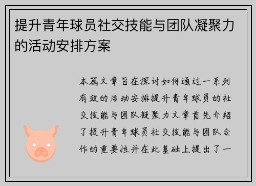 提升青年球员社交技能与团队凝聚力的活动安排方案