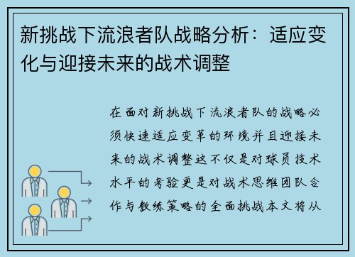 新挑战下流浪者队战略分析：适应变化与迎接未来的战术调整